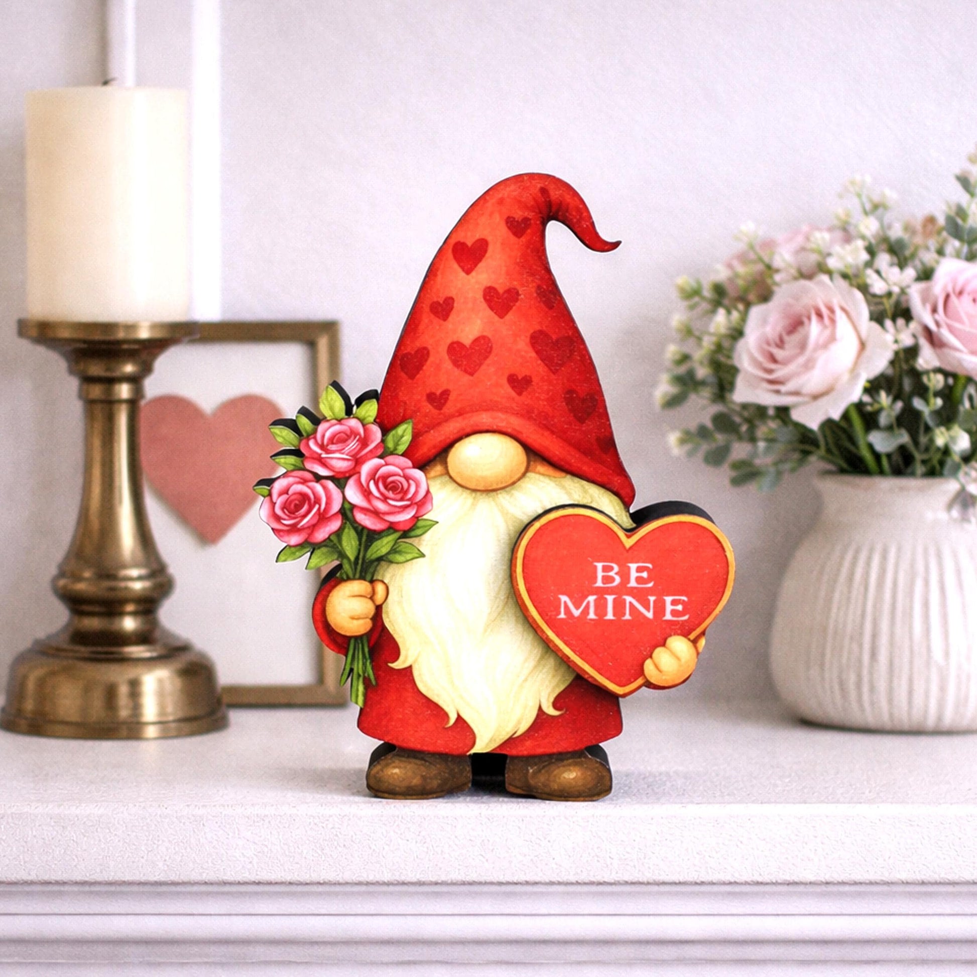 Valentine Gnome Shelf Sitter – Personalized Heart, Wooden Mantel & Tiered Tray Decor