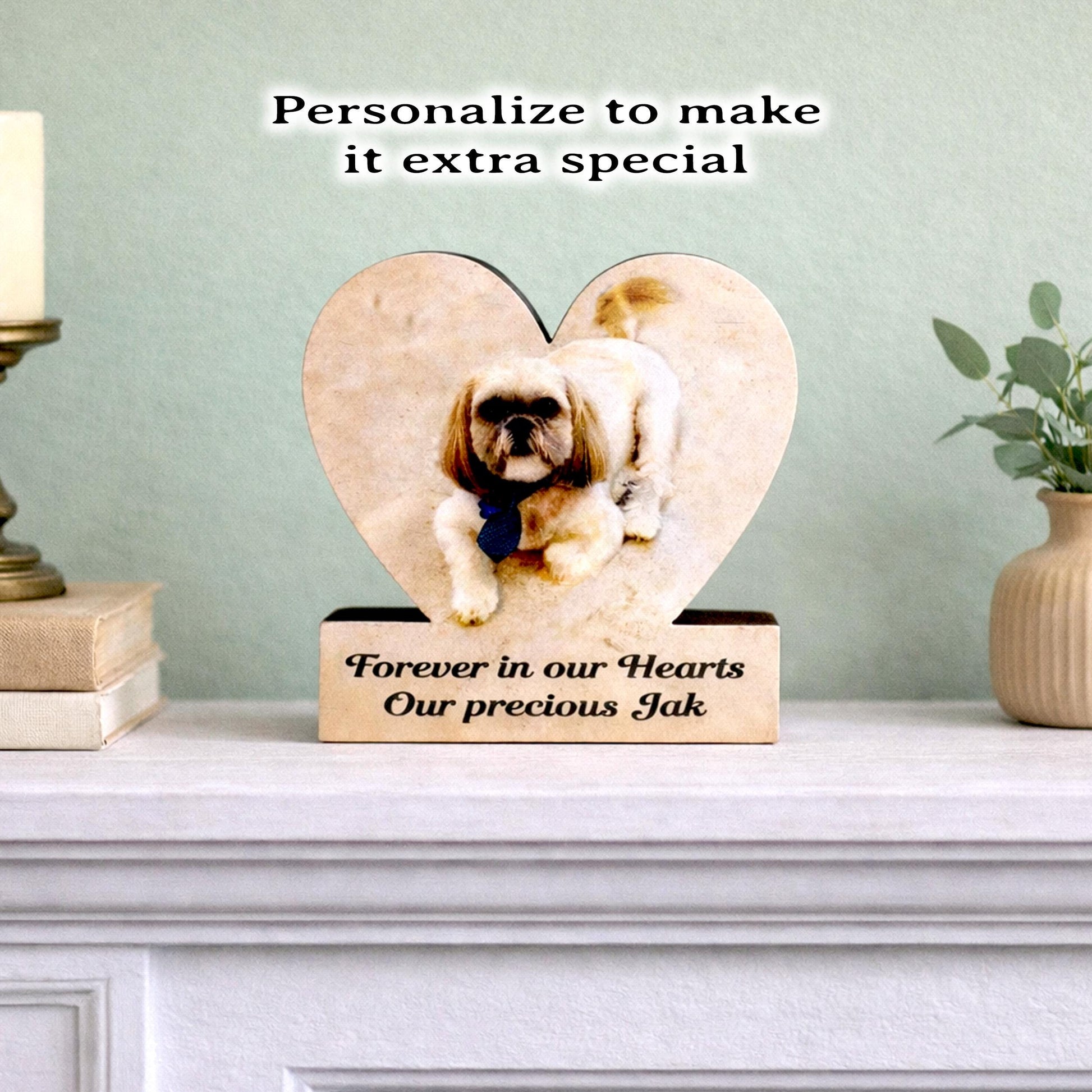 Custom Heart Shaped Pet Memorial Photo Shelf Sitter – Personalized Name Base, Dog/Cat Mantel Decor Using Your Favorite Photo