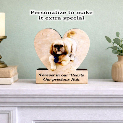 Custom Heart Shaped Pet Memorial Photo Shelf Sitter – Personalized Name Base, Dog/Cat Mantel Decor Using Your Favorite Photo