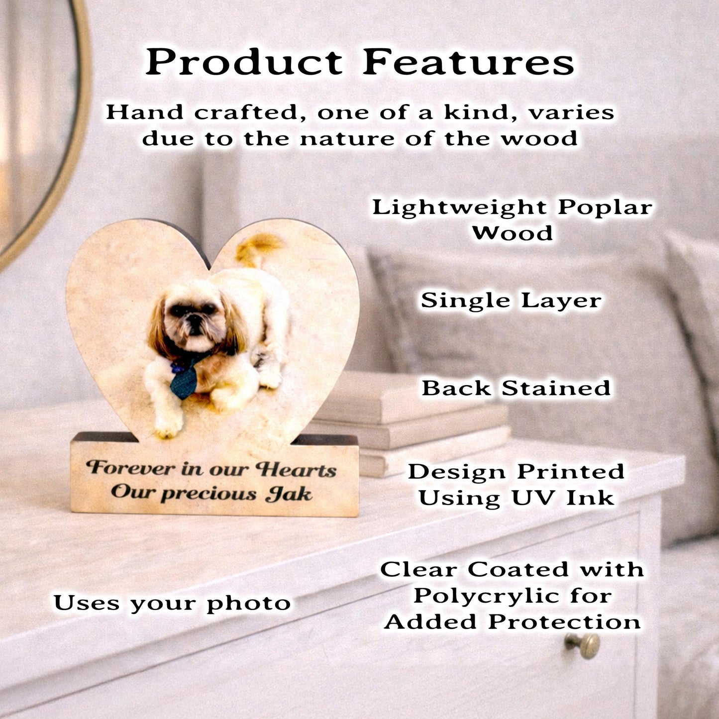 Custom Heart Shaped Pet Memorial Photo Shelf Sitter – Personalized Name Base, Dog/Cat Mantel Decor Using Your Favorite Photo