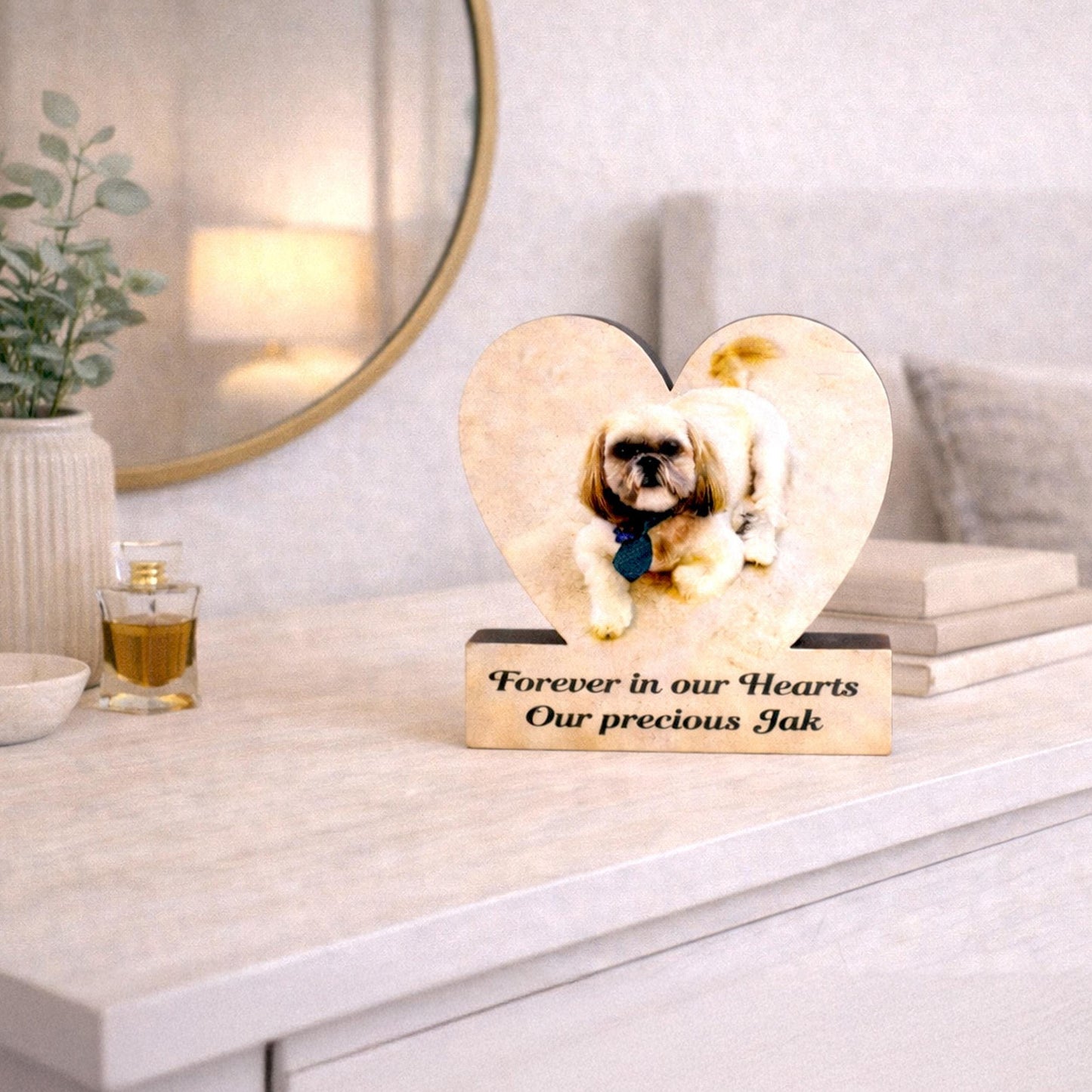 Custom Heart Shaped Pet Memorial Photo Shelf Sitter – Personalized Name Base, Dog/Cat Mantel Decor Using Your Favorite Photo