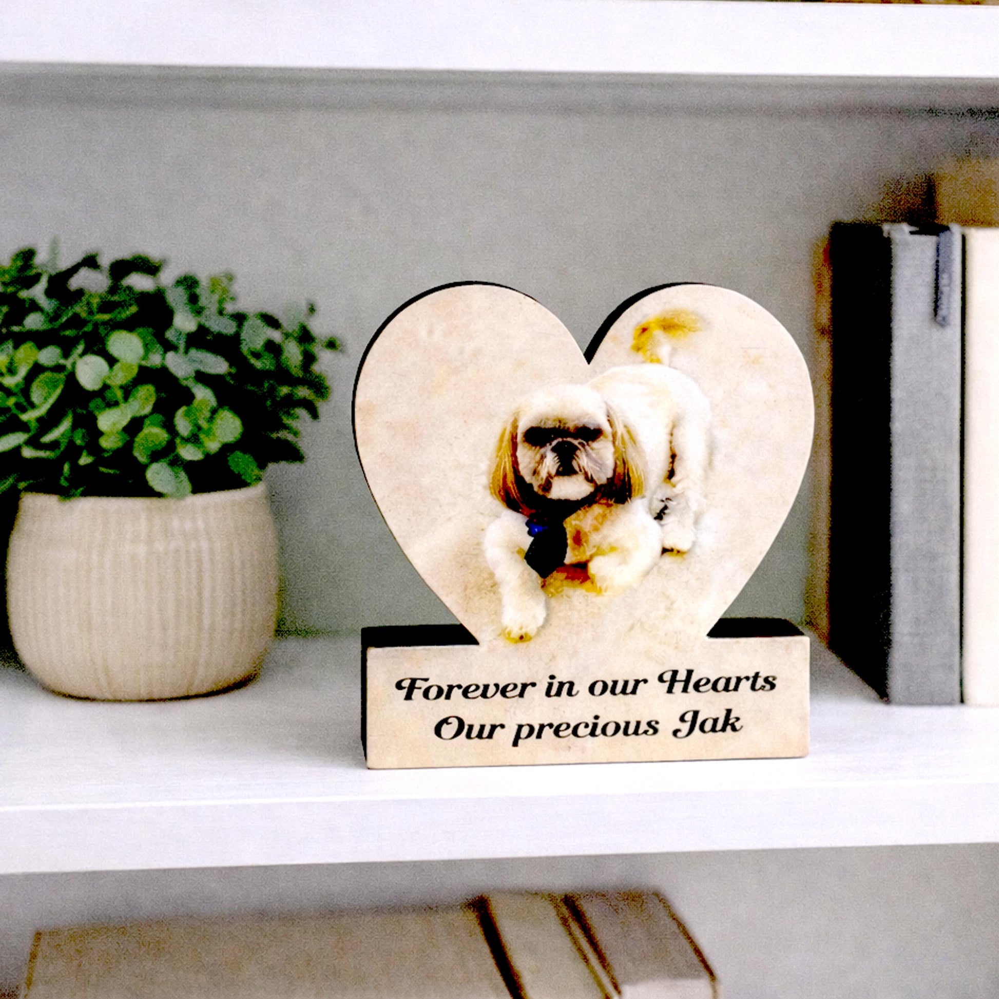 Custom Heart Shaped Pet Memorial Photo Shelf Sitter – Personalized Name Base, Dog/Cat Mantel Decor Using Your Favorite Photo