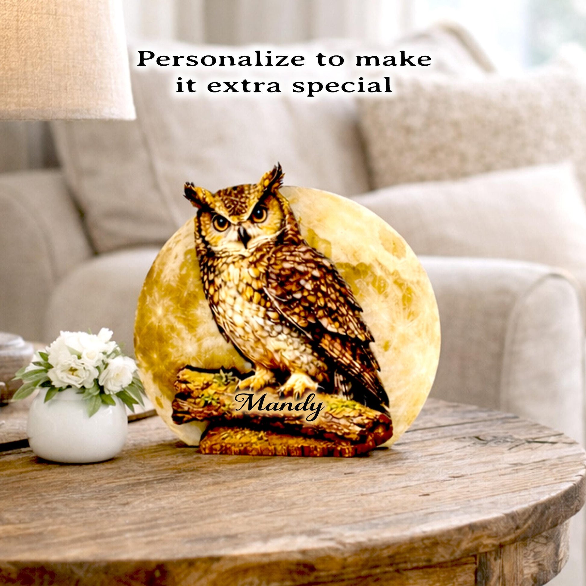 Personalized Owl and Full Moon Wood Shelf Sitter – Personalized Mantel, Shelf and Tiered Tray Decor