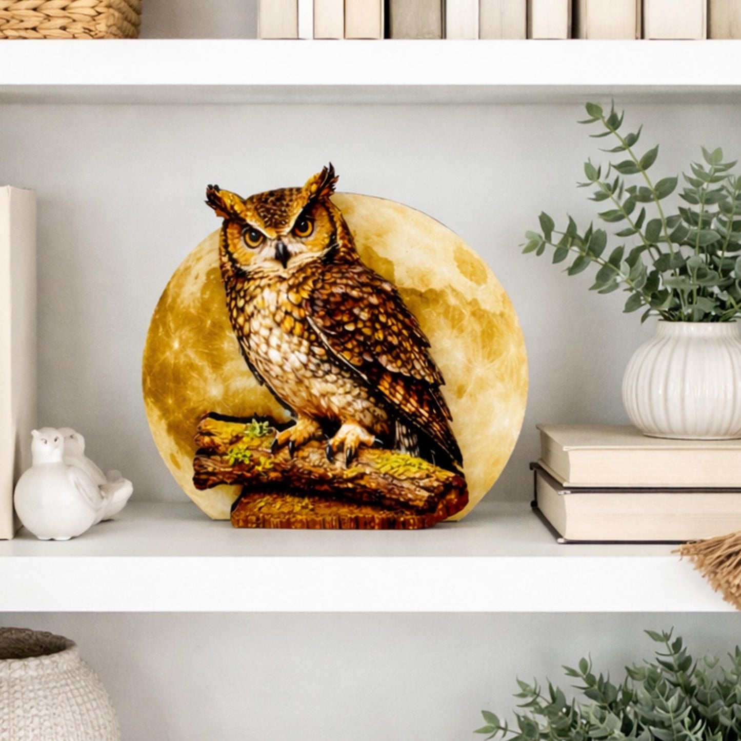 Personalized Owl and Full Moon Wood Shelf Sitter – Personalized Mantel, Shelf and Tiered Tray Decor