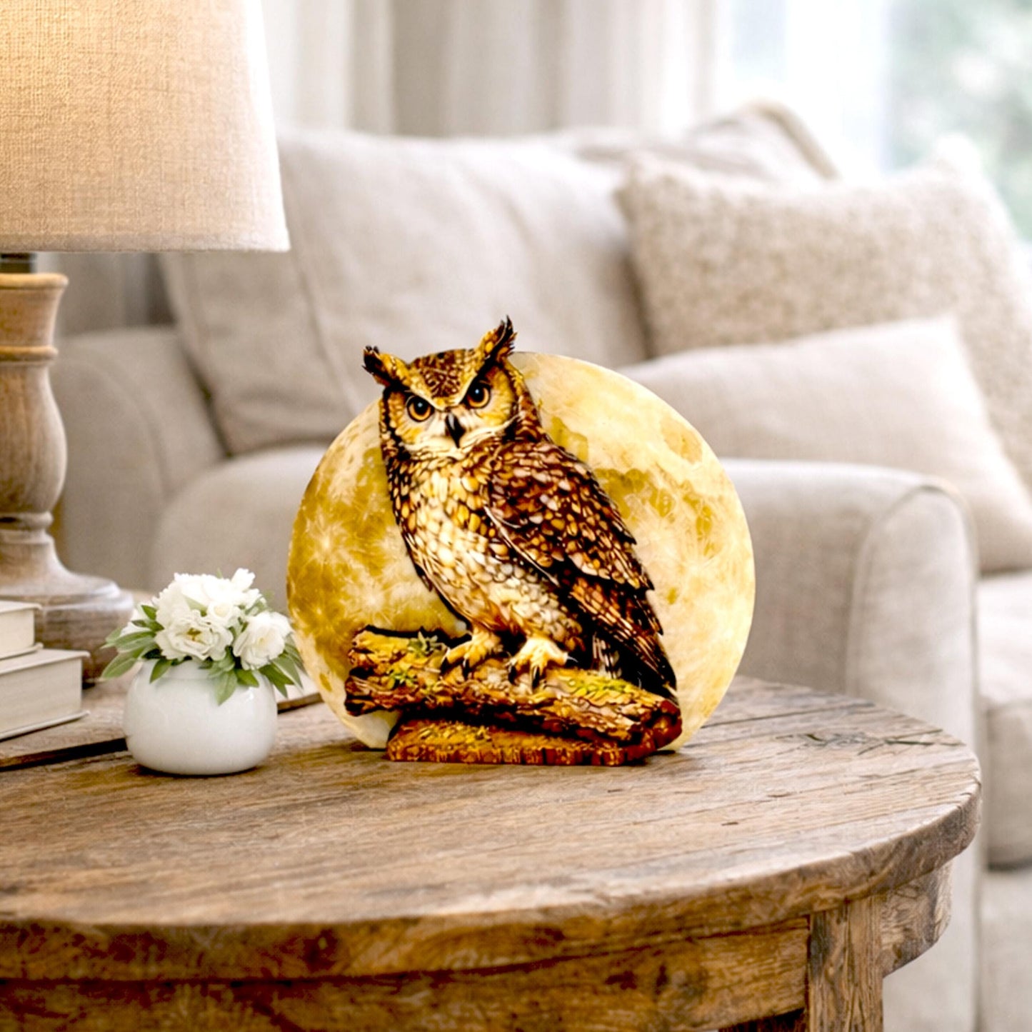 Personalized Owl and Full Moon Wood Shelf Sitter – Personalized Mantel, Shelf and Tiered Tray Decor