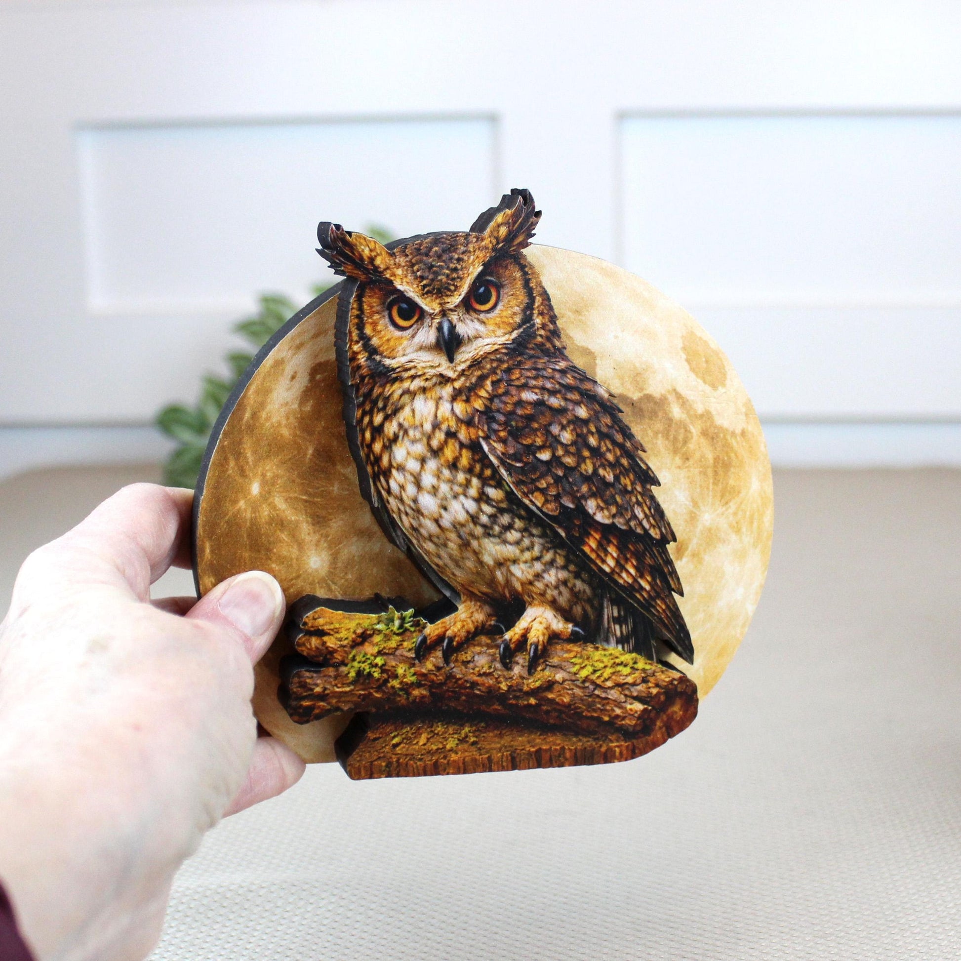 Personalized Owl and Full Moon Wood Shelf Sitter – Personalized Mantel, Shelf and Tiered Tray Decor