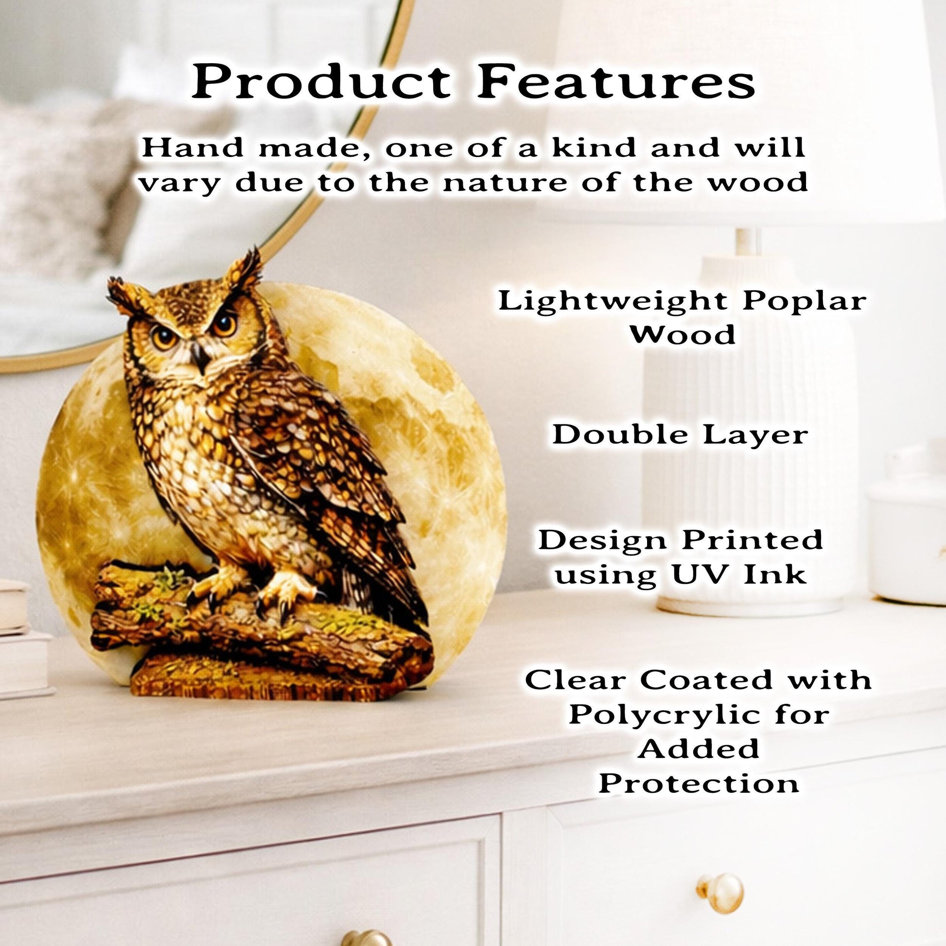 Personalized Owl and Full Moon Wood Shelf Sitter – Personalized Mantel, Shelf and Tiered Tray Decor