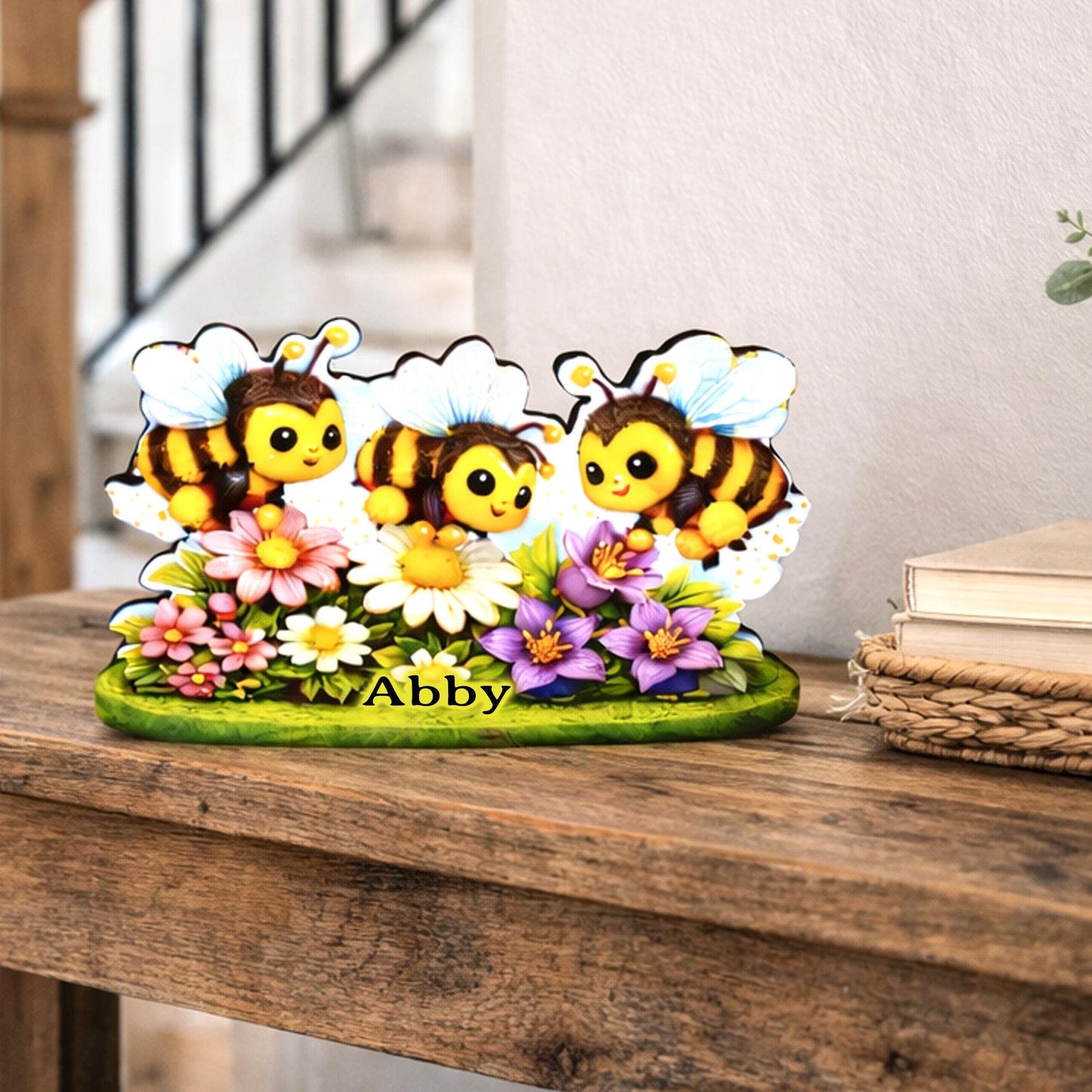 Personalized Bees and Spring Flowers Shelf Sitter – Custom Name, Wooden Bumble Bee Mantel & Tiered Tray Decor