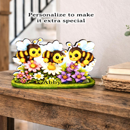Personalized Bees and Spring Flowers Shelf Sitter – Custom Name, Wooden Bumble Bee Mantel & Tiered Tray Decor