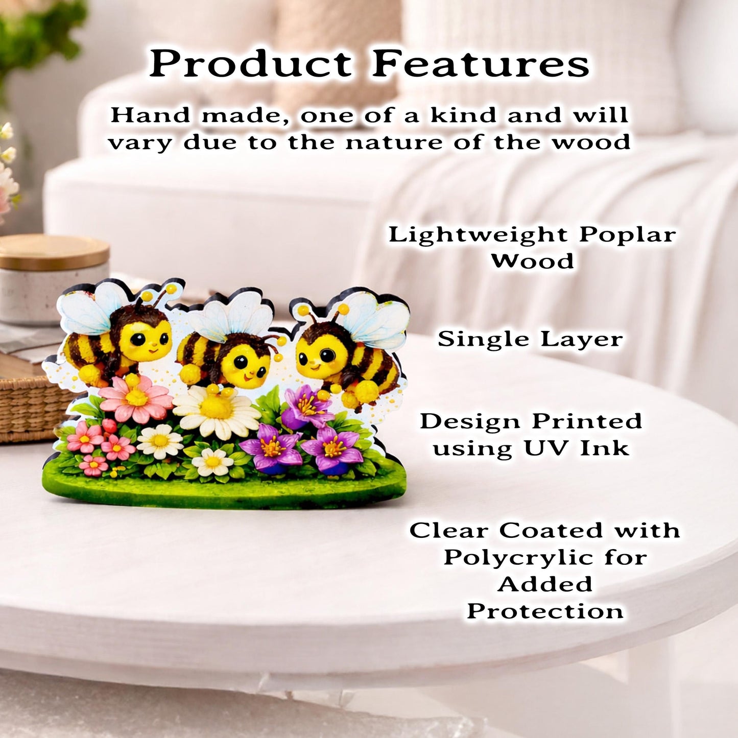 Personalized Bees and Spring Flowers Shelf Sitter – Custom Name, Wooden Bumble Bee Mantel & Tiered Tray Decor