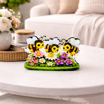 Personalized Bees and Spring Flowers Shelf Sitter – Custom Name, Wooden Bumble Bee Mantel & Tiered Tray Decor