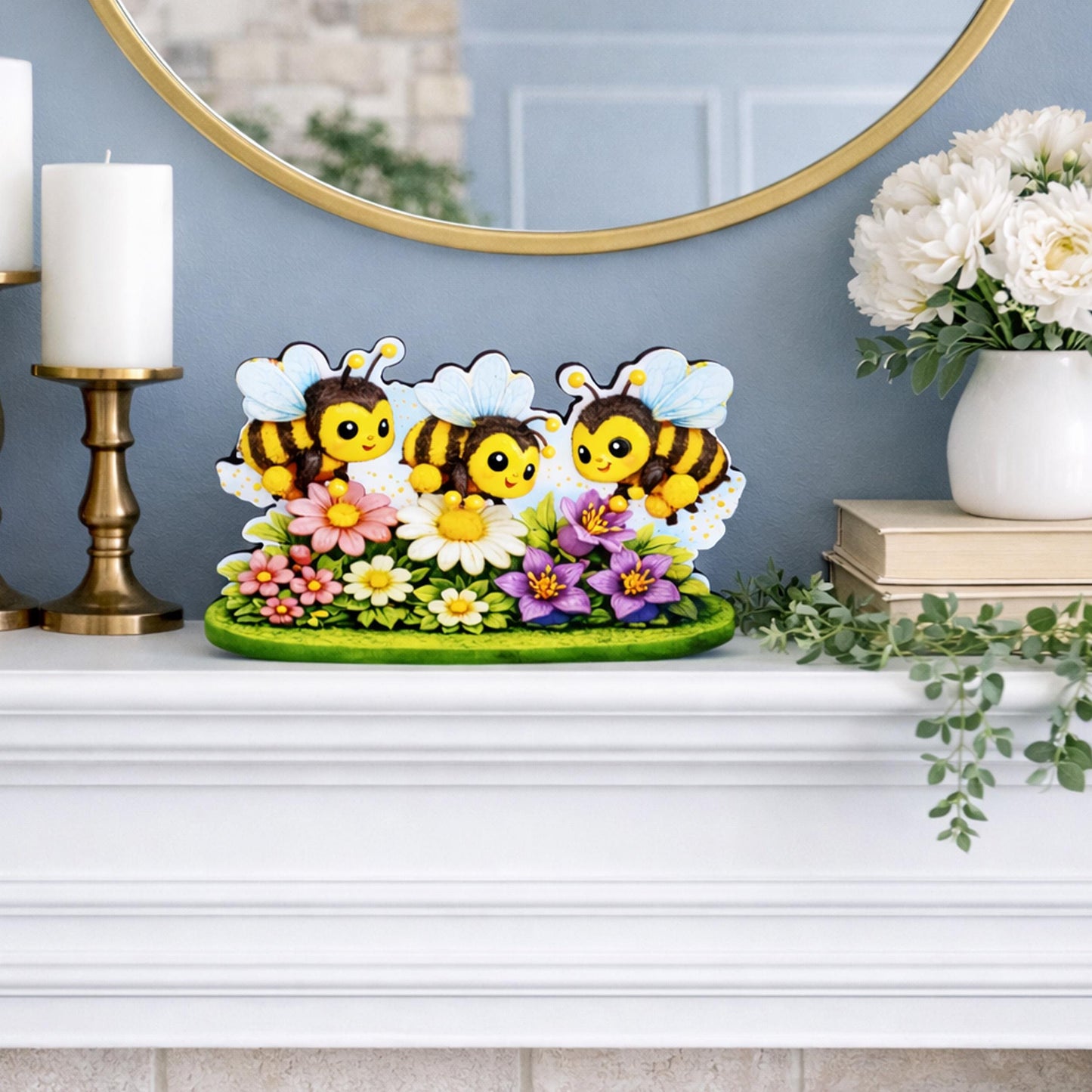 Personalized Bees and Spring Flowers Shelf Sitter – Custom Name, Wooden Bumble Bee Mantel & Tiered Tray Decor