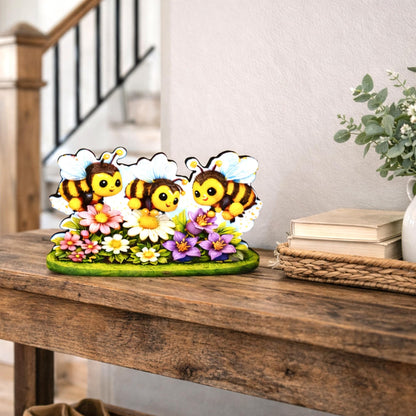Personalized Bees and Spring Flowers Shelf Sitter – Custom Name, Wooden Bumble Bee Mantel & Tiered Tray Decor