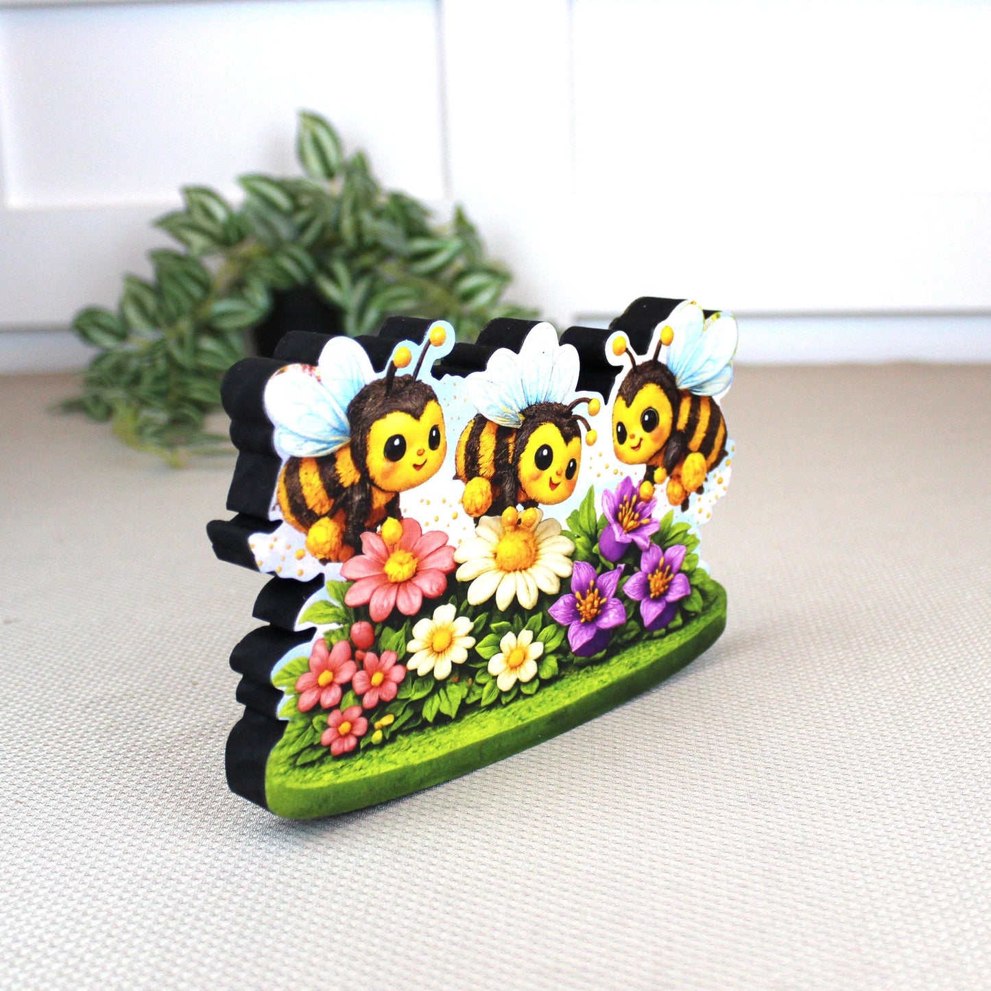 Personalized Bees and Spring Flowers Shelf Sitter – Custom Name, Wooden Bumble Bee Mantel & Tiered Tray Decor