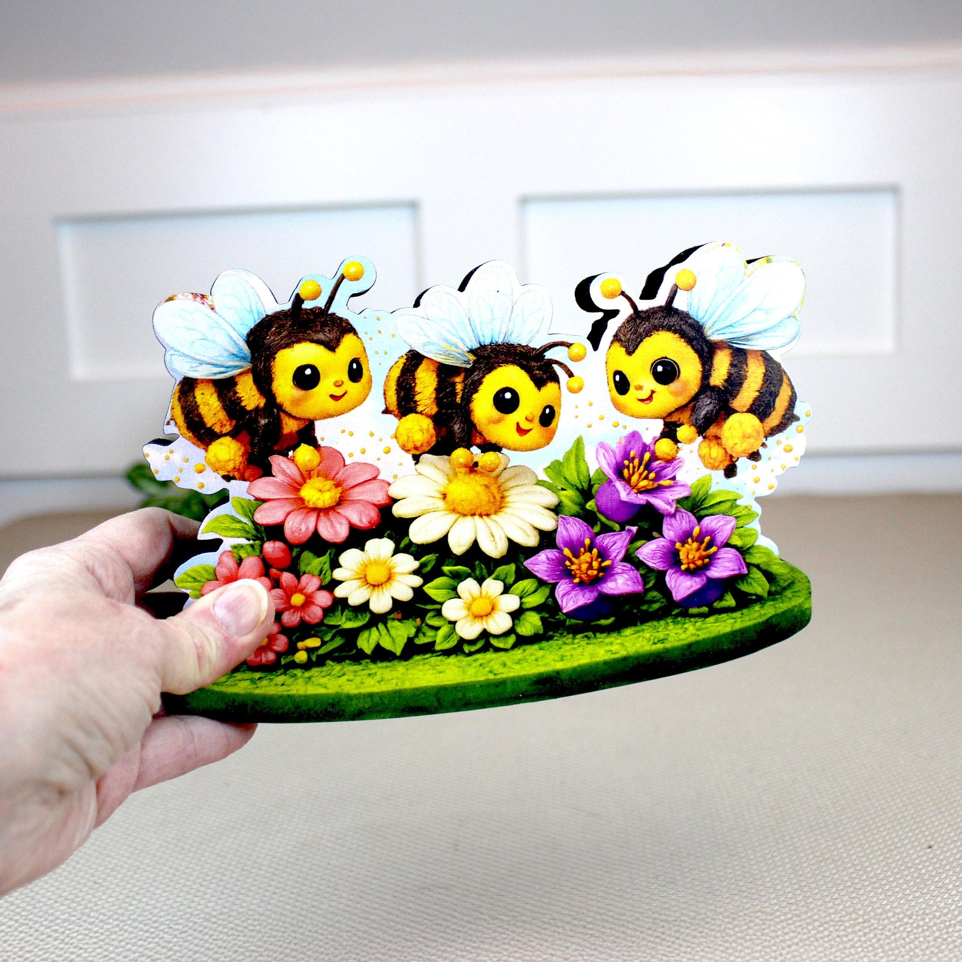 Personalized Bees and Spring Flowers Shelf Sitter – Custom Name, Wooden Bumble Bee Mantel & Tiered Tray Decor