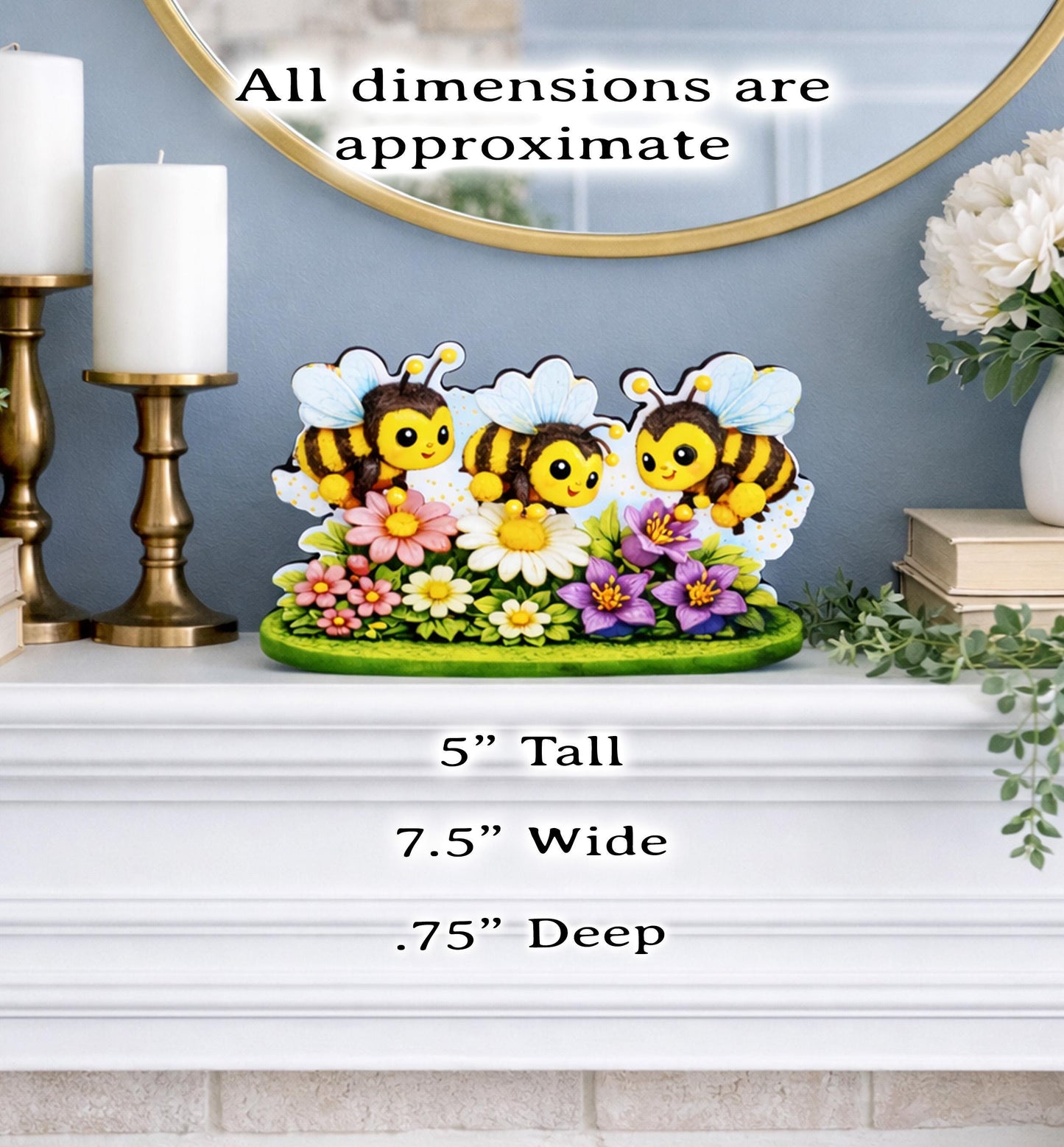 Personalized Bees and Spring Flowers Shelf Sitter – Custom Name, Wooden Bumble Bee Mantel & Tiered Tray Decor
