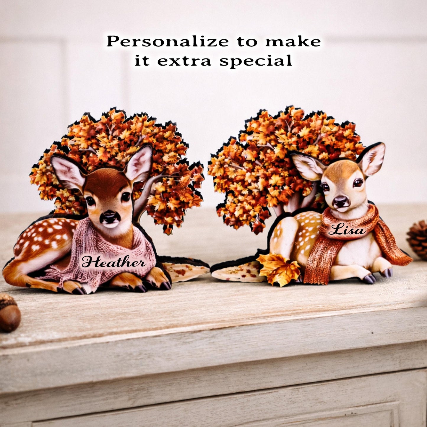 Personalized Autumn Deer Shelf Sitters, Woodland Fall Decor, Set of 2