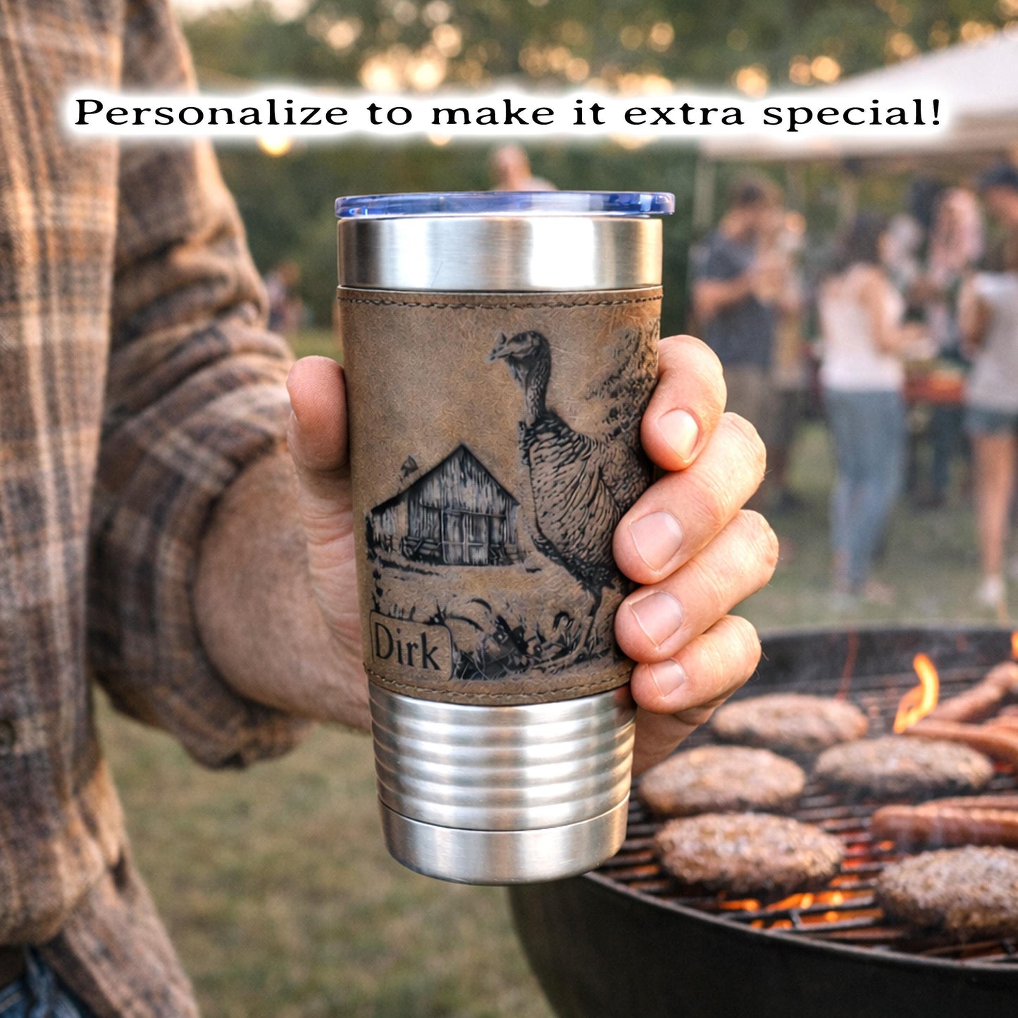 Personalized Turkey Farm Travel Tumbler – Engraved Leatherette Wrap – Custom Name, Perfect Hunter and Father's Day Gift