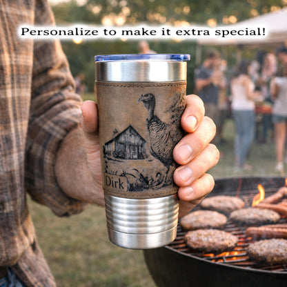 Personalized Turkey Farm Travel Tumbler – Engraved Leatherette Wrap – Custom Name, Perfect Hunter and Father's Day Gift