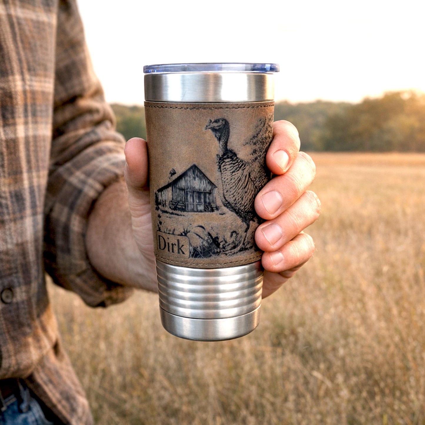 Personalized Turkey Farm Travel Tumbler – Engraved Leatherette Wrap – Custom Name, Perfect Hunter and Father's Day Gift