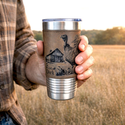 Personalized Turkey Farm Travel Tumbler – Engraved Leatherette Wrap – Custom Name, Perfect Hunter and Father's Day Gift