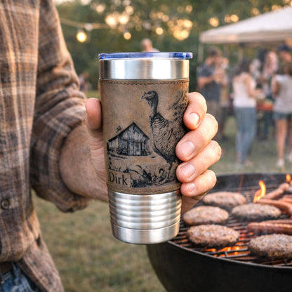Personalized Turkey Farm Travel Tumbler – Engraved Leatherette Wrap – Custom Name, Perfect Hunter and Father's Day Gift