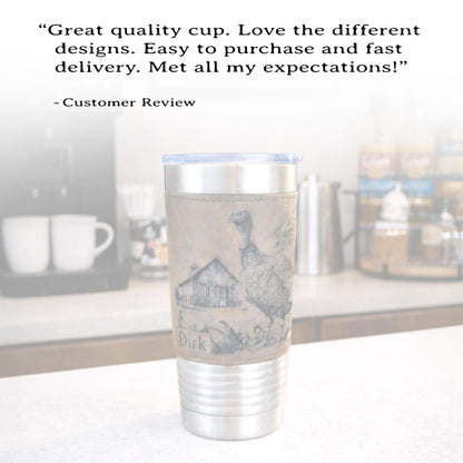 Personalized Turkey Farm Travel Tumbler – Engraved Leatherette Wrap – Custom Name, Perfect Hunter and Father's Day Gift