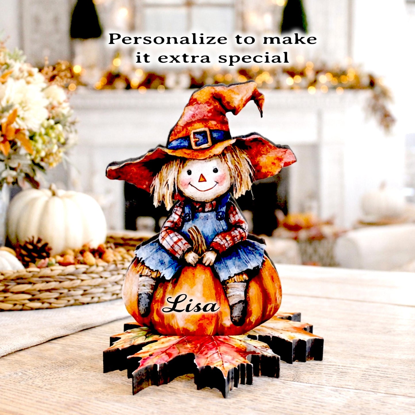 Personalized Fall Scarecrow Shelf Sitter – Solid Pine Wood, Autumn Decor