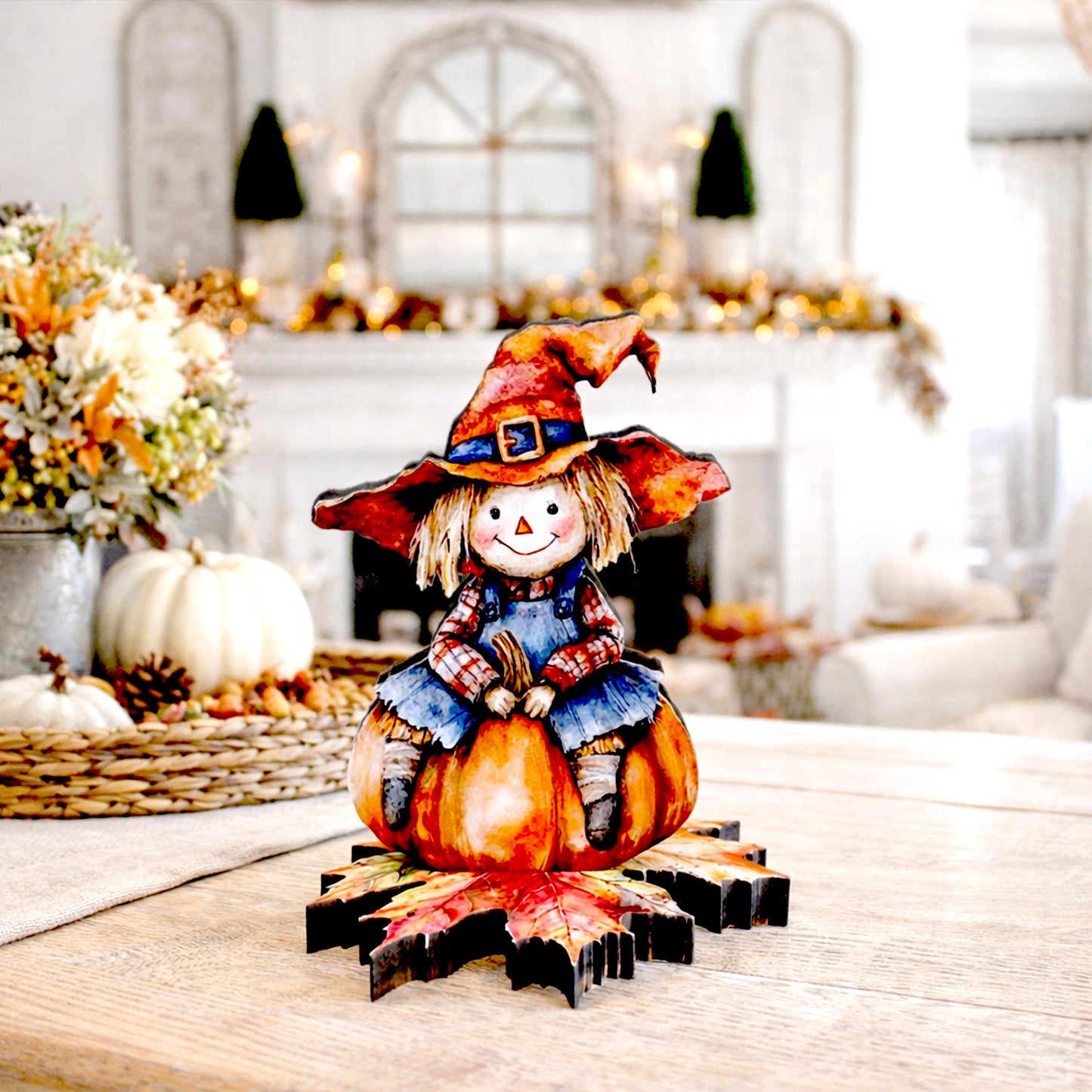 Personalized Fall Scarecrow Shelf Sitter – Solid Pine Wood, Autumn Decor