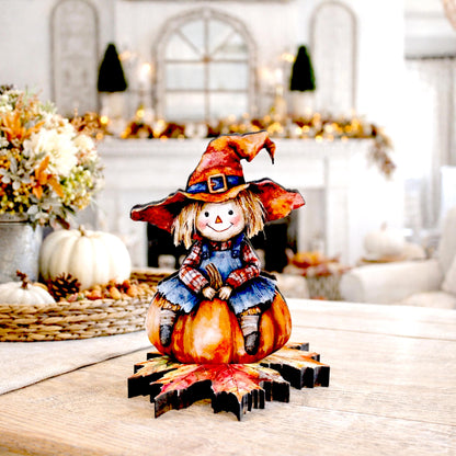 Personalized Fall Scarecrow Shelf Sitter – Solid Pine Wood, Autumn Decor