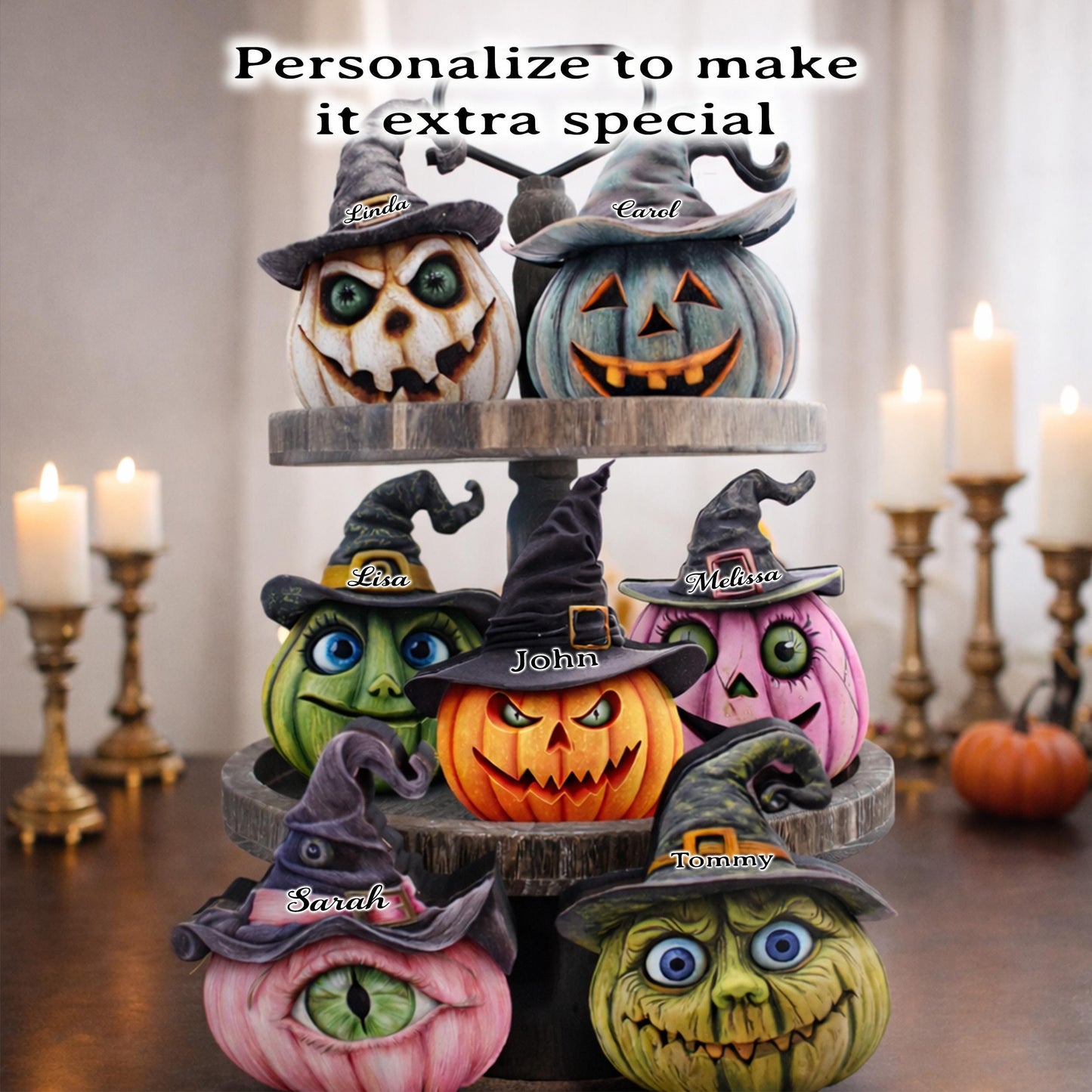 Personalized Witch Hats Pumpkin Shelf Sitters – Multi-Layer Halloween Decor