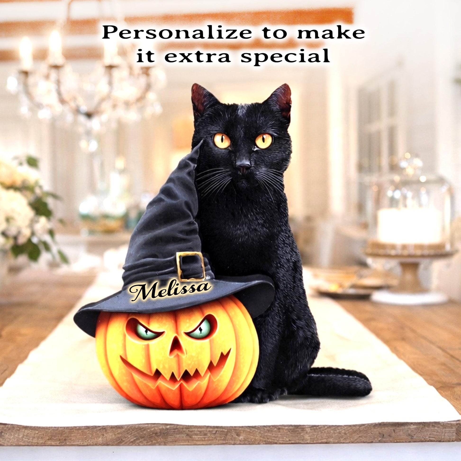Personalized Halloween Pumpkin Shelf Sitter, Cat and Witch Hat Decor