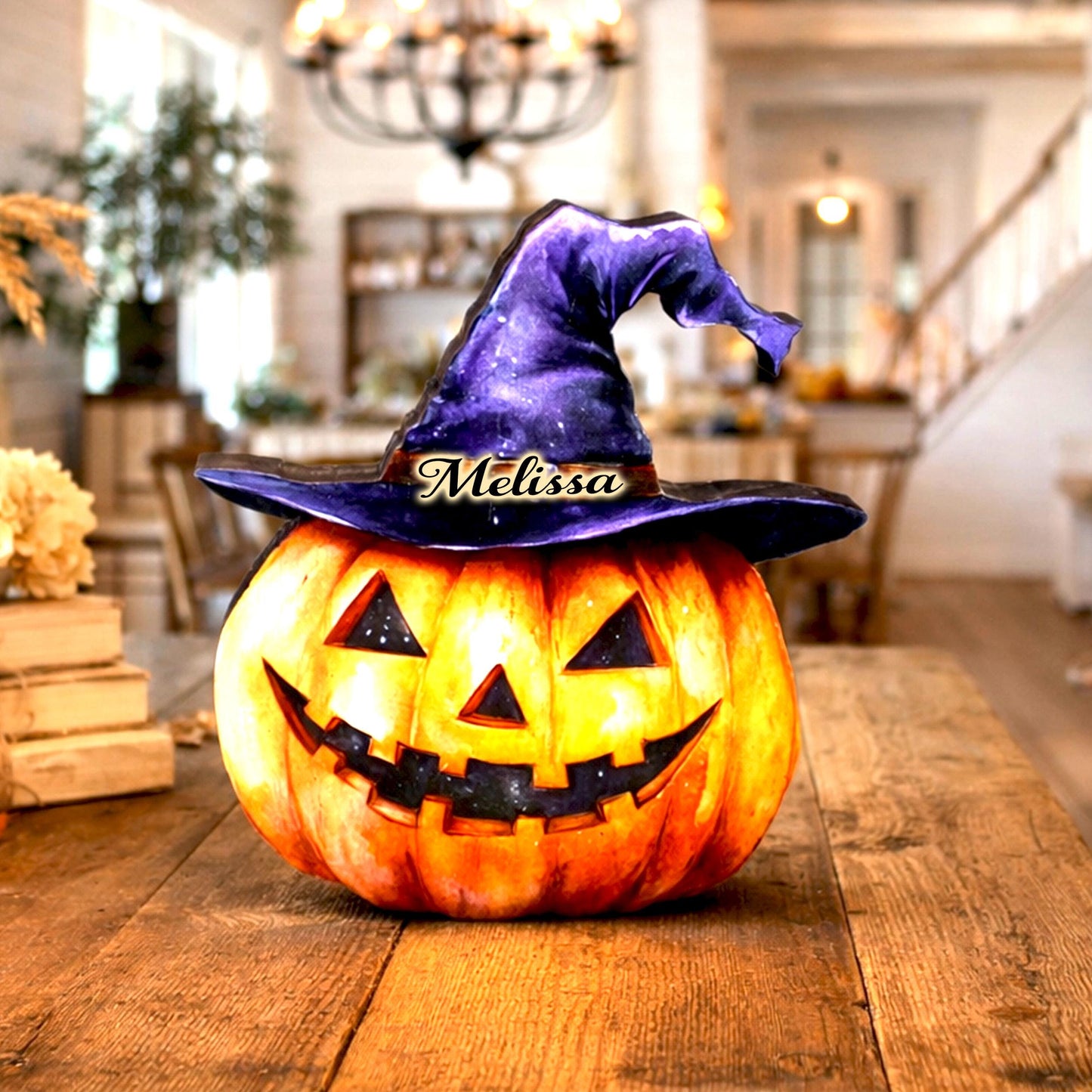 Personalized Halloween Pumpkin Shelf Sitter – Witch Hat Decor