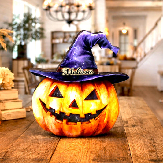 Personalized Halloween Pumpkin Shelf Sitter – Witch Hat Decor