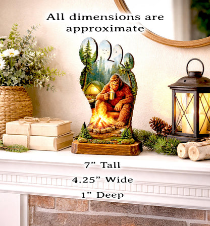 Personalized Multi-Layer Bigfoot Campfire Shelf Sitter – Sasquatch Cabin Decor – Custom Name, Wooden Bigfoot Mantel & Tiered Tray Decor