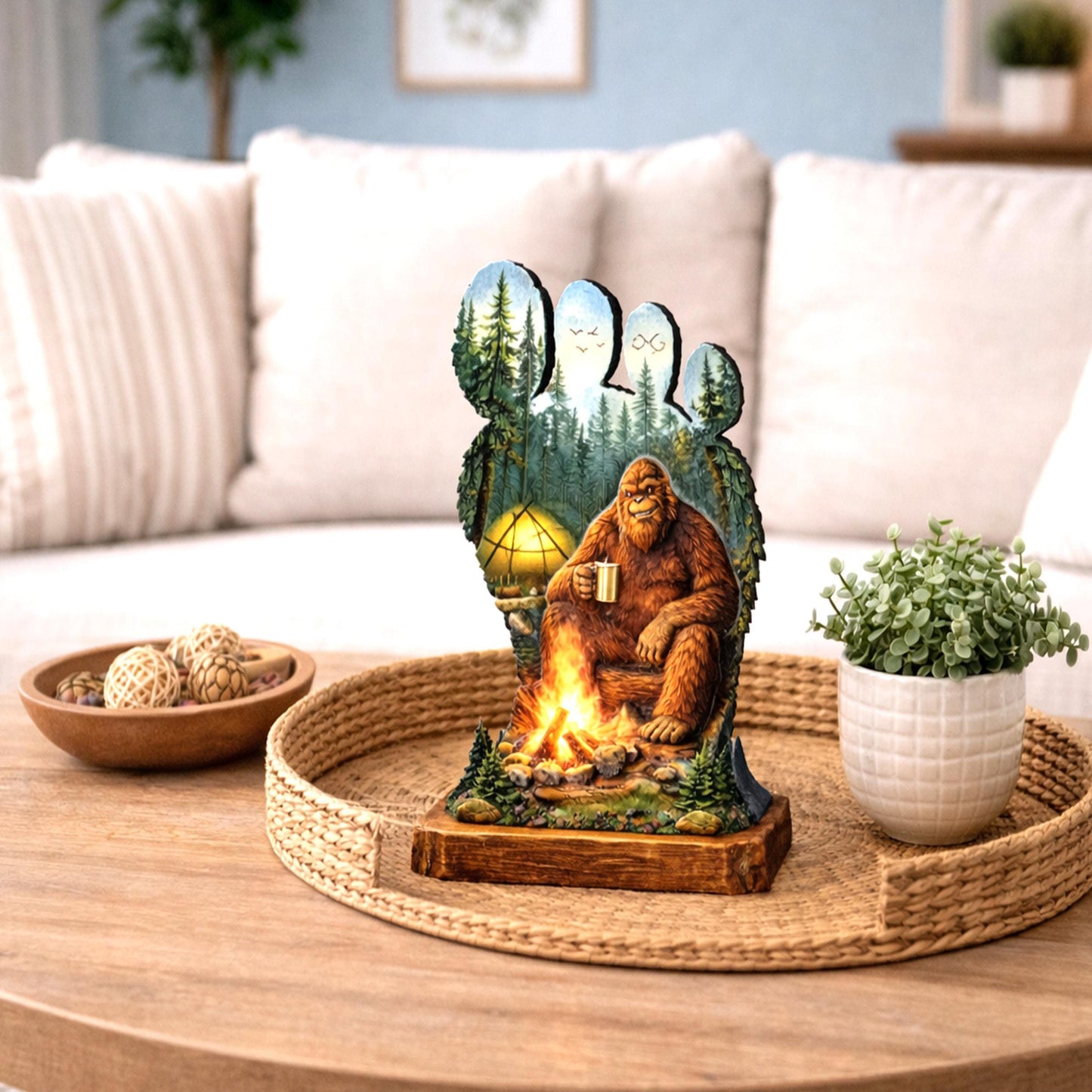 Personalized Multi-Layer Bigfoot Campfire Shelf Sitter – Sasquatch Cabin Decor – Custom Name, Wooden Bigfoot Mantel & Tiered Tray Decor