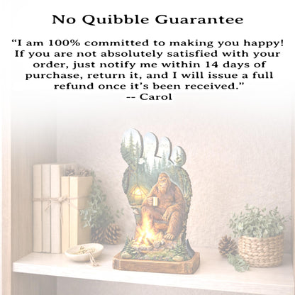Personalized Multi-Layer Bigfoot Campfire Shelf Sitter – Sasquatch Cabin Decor – Custom Name, Wooden Bigfoot Mantel & Tiered Tray Decor