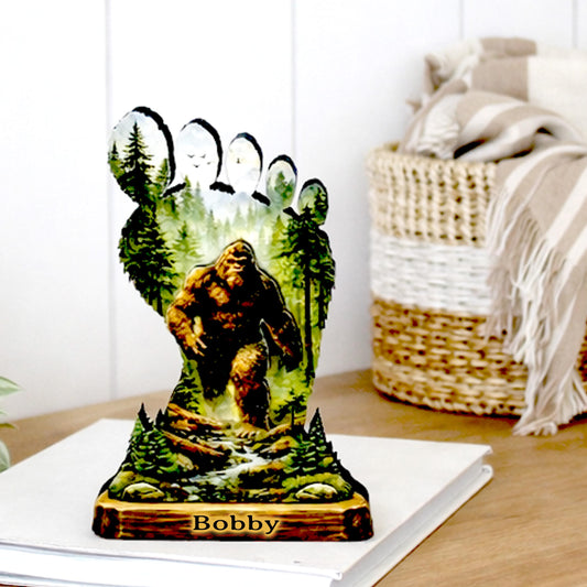 Personalized Multi-layered Wooden Bigfoot Shelf Sitter – Sasquatch Mountain Decor, Mantel & Tiered Tray Decor