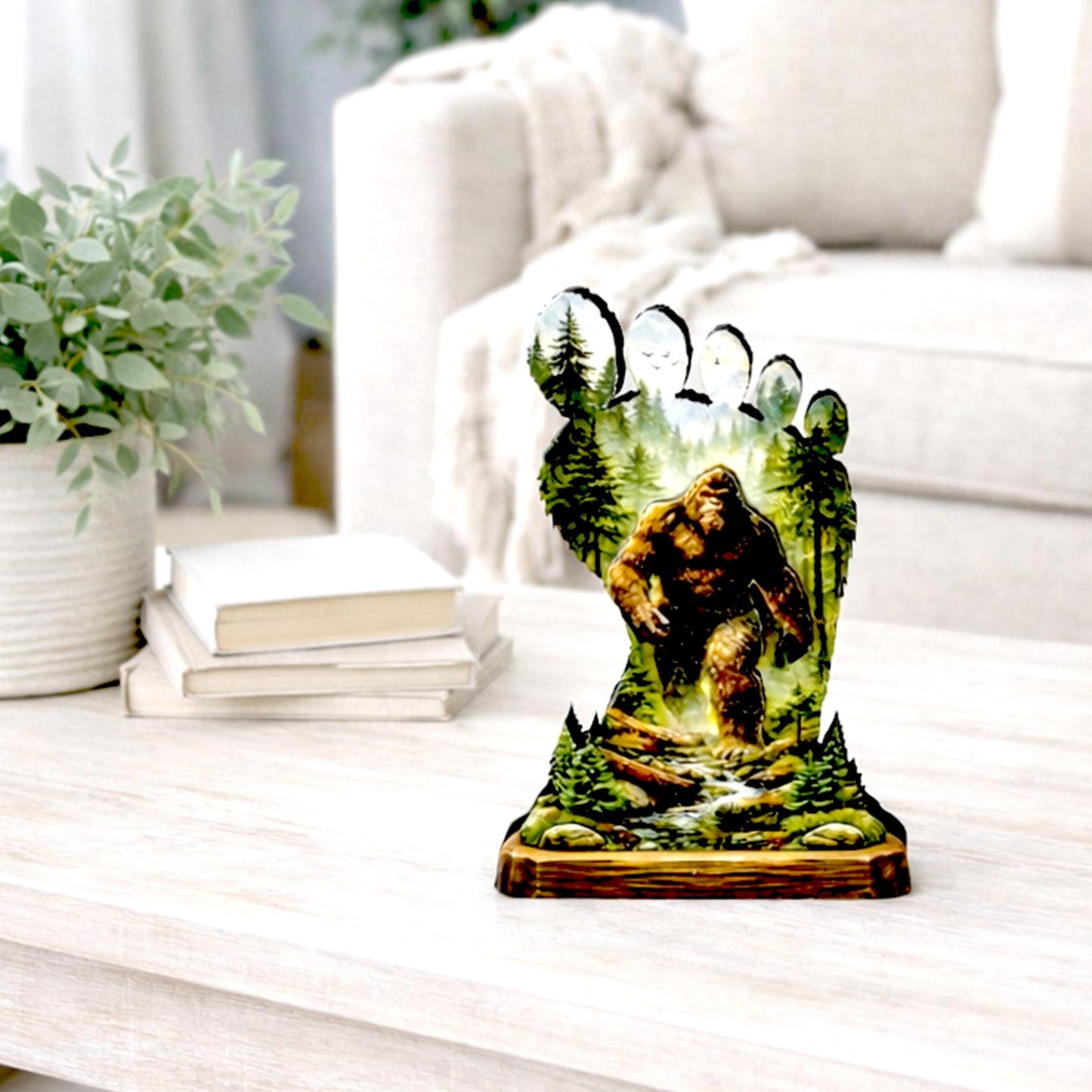 Personalized Multi-layered Wooden Bigfoot Shelf Sitter – Sasquatch Mountain Decor, Mantel & Tiered Tray Decor