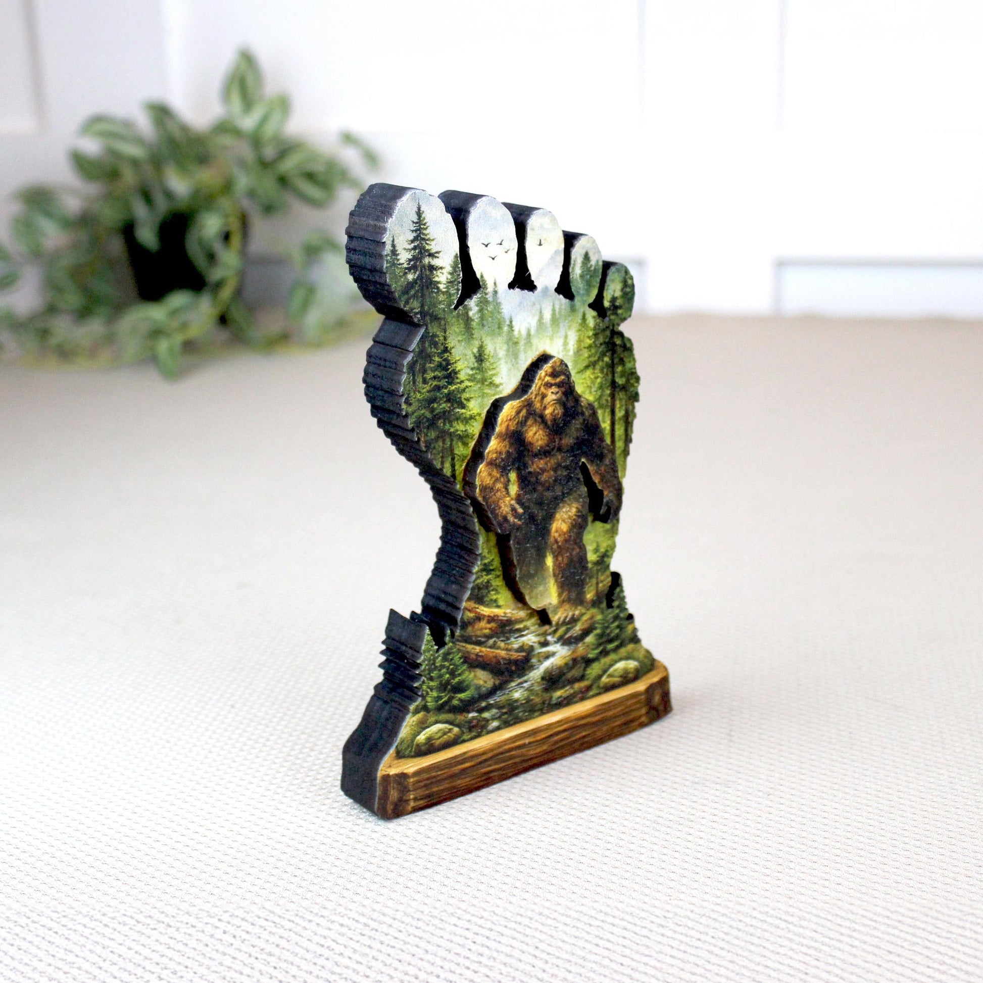 Personalized Multi-layered Wooden Bigfoot Shelf Sitter – Sasquatch Mountain Decor, Mantel & Tiered Tray Decor