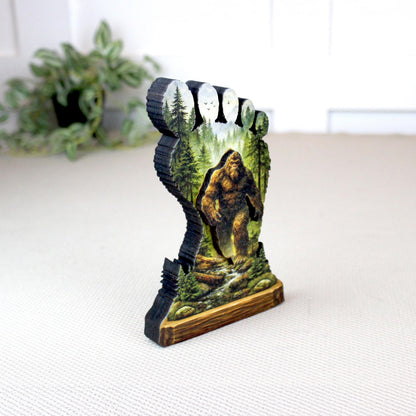 Personalized Multi-layered Wooden Bigfoot Shelf Sitter – Sasquatch Mountain Decor, Mantel & Tiered Tray Decor