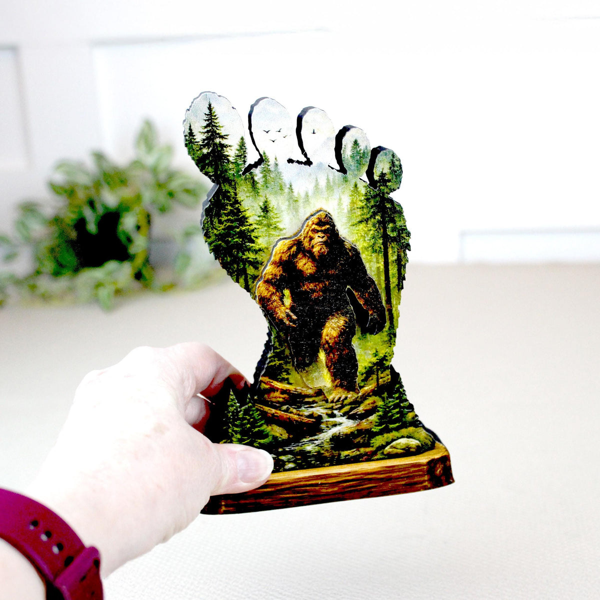Personalized Multi-layered Wooden Bigfoot Shelf Sitter – Sasquatch Mountain Decor, Mantel & Tiered Tray Decor