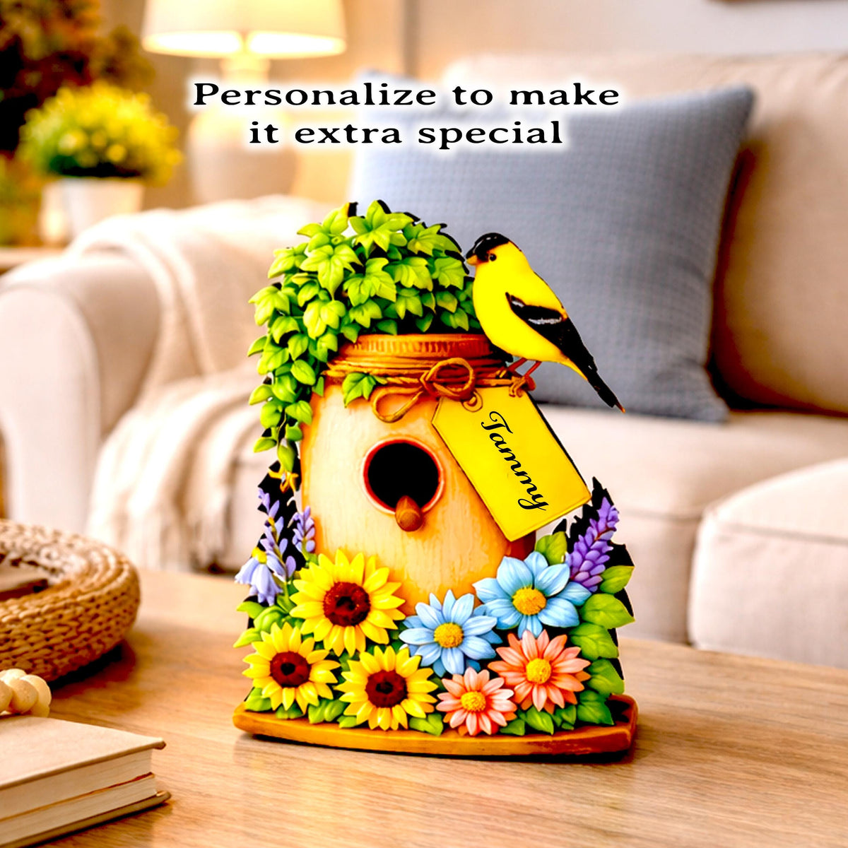 Personalized Spring Mason Jar Shelf Sitter – Chickadee and Sunflowers – Custom Name Kids Room Decor, Wooden Bird House Mantel & Tiered Tray