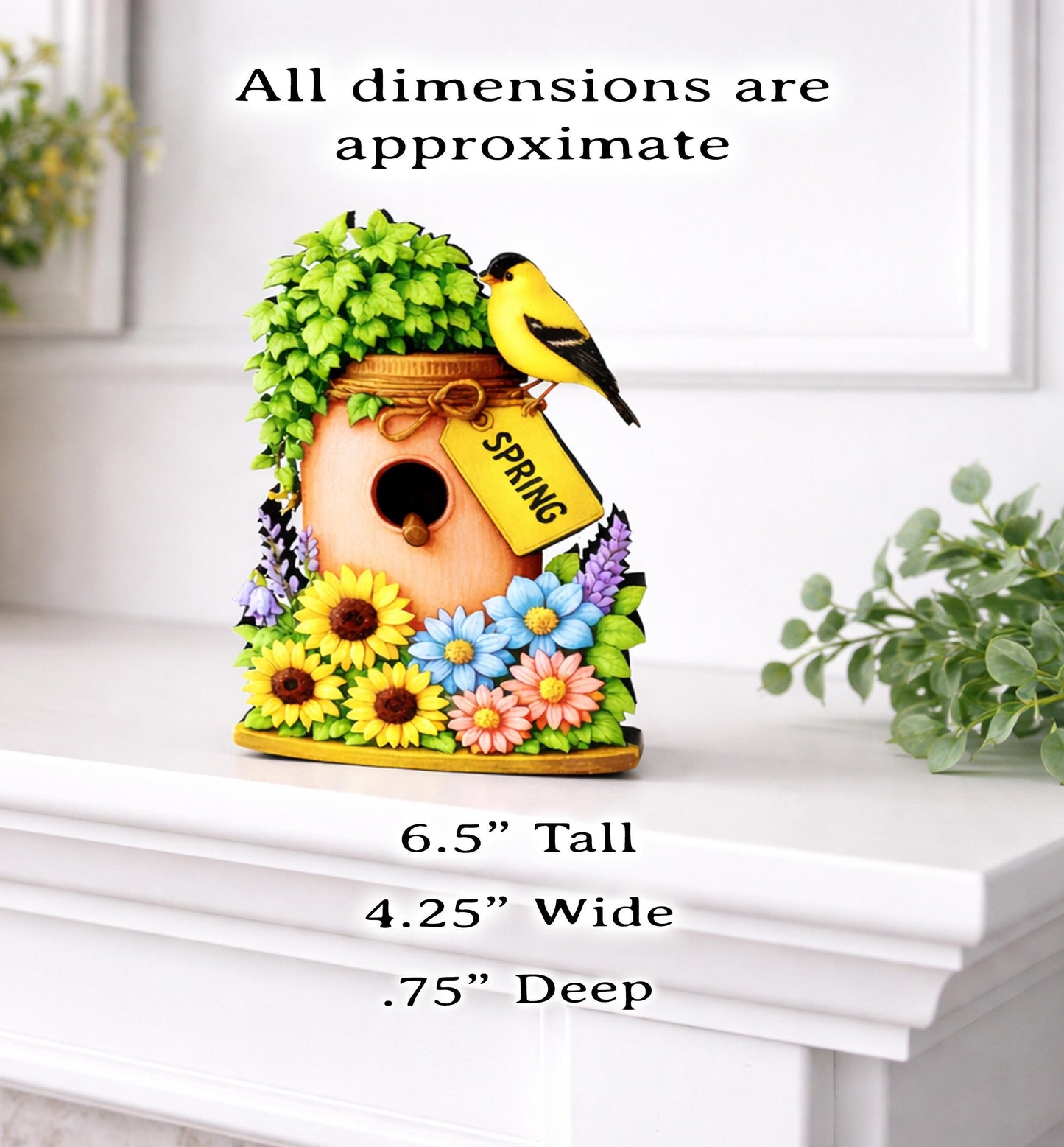 Personalized Spring Mason Jar Shelf Sitter – Chickadee and Sunflowers – Custom Name Kids Room Decor, Wooden Bird House Mantel & Tiered Tray