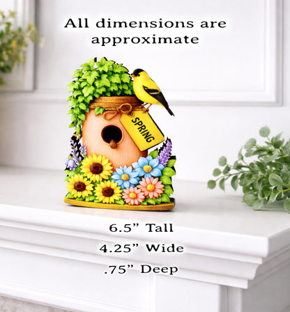 Personalized Spring Mason Jar Shelf Sitter – Chickadee and Sunflowers – Custom Name Kids Room Decor, Wooden Bird House Mantel & Tiered Tray