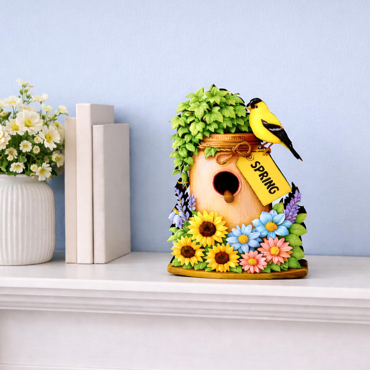 Personalized Spring Mason Jar Shelf Sitter – Chickadee and Sunflowers – Custom Name Kids Room Decor, Wooden Bird House Mantel & Tiered Tray
