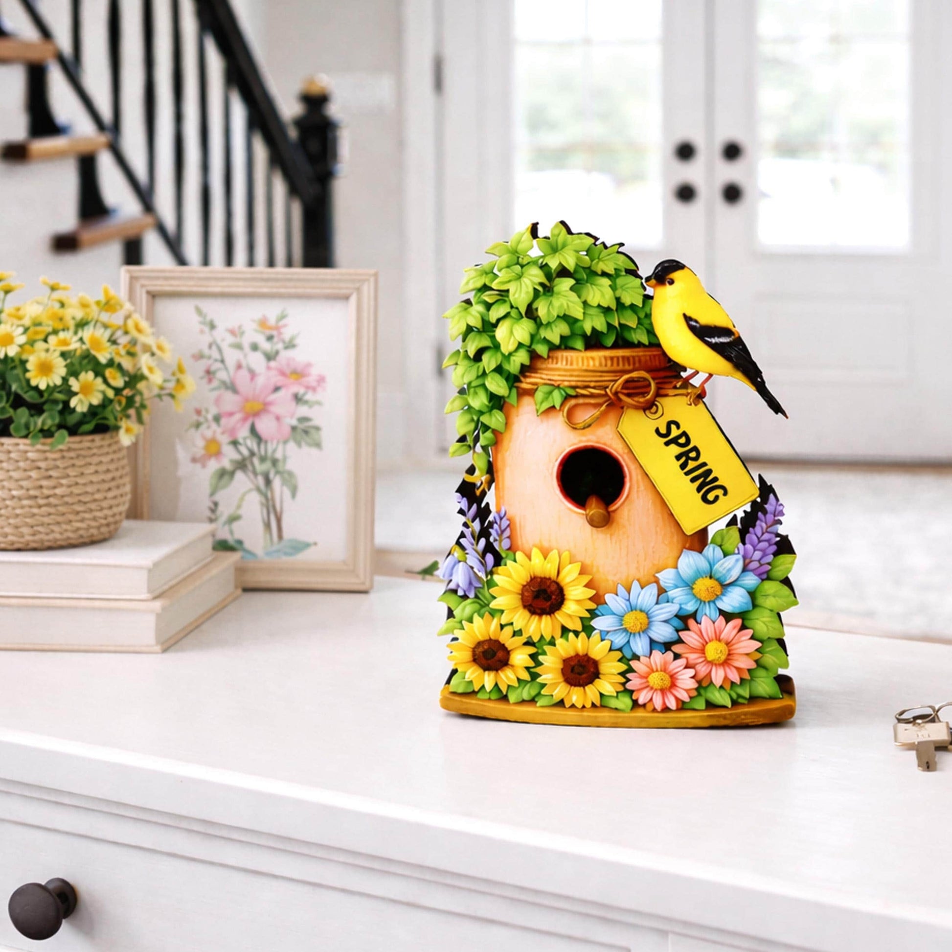 Personalized Spring Mason Jar Shelf Sitter – Chickadee and Sunflowers – Custom Name Kids Room Decor, Wooden Bird House Mantel & Tiered Tray