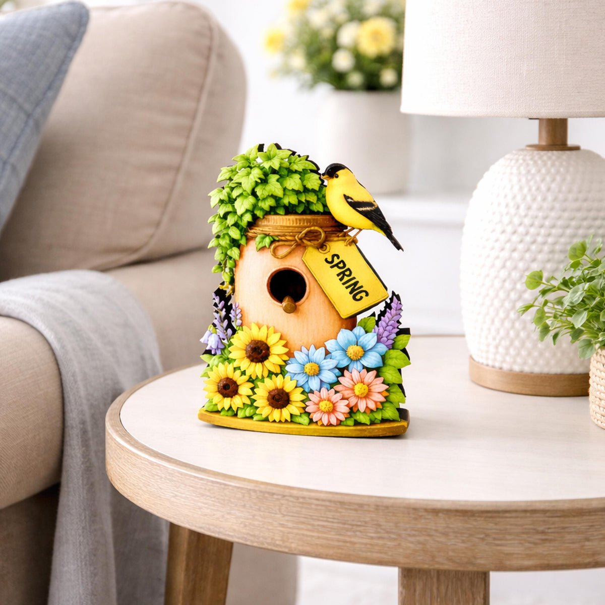 Personalized Spring Mason Jar Shelf Sitter – Chickadee and Sunflowers – Custom Name Kids Room Decor, Wooden Bird House Mantel & Tiered Tray
