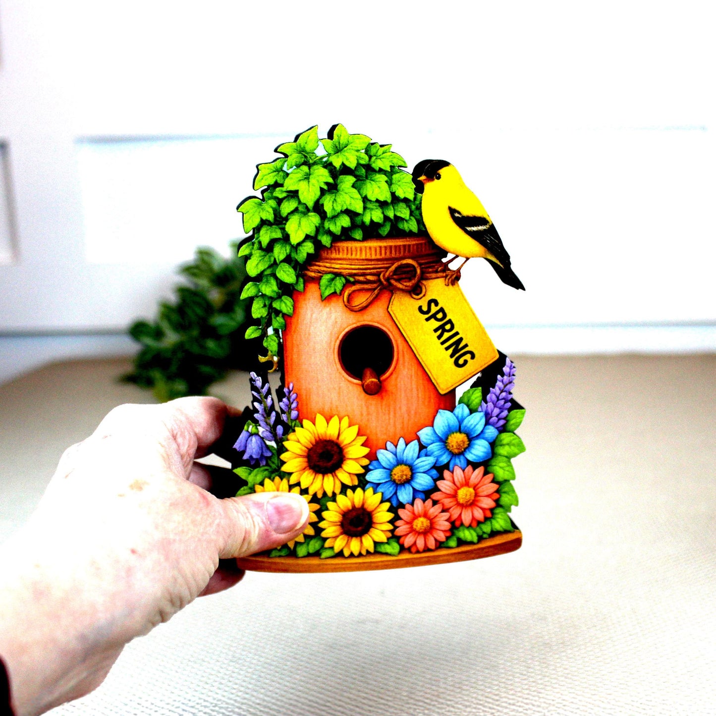 Personalized Spring Mason Jar Shelf Sitter – Chickadee and Sunflowers – Custom Name Kids Room Decor, Wooden Bird House Mantel & Tiered Tray