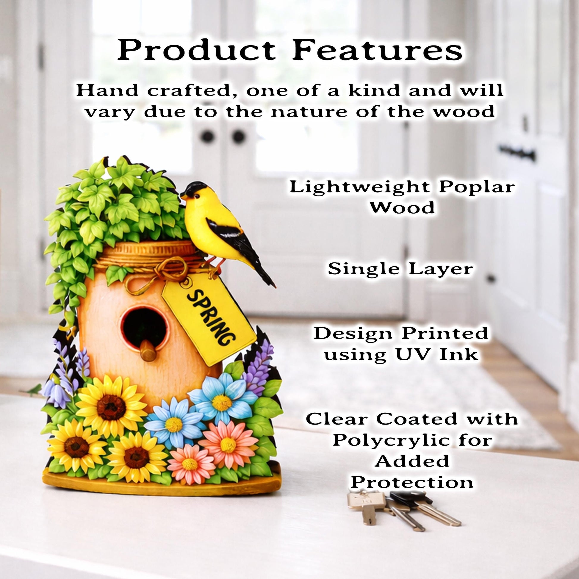 Personalized Spring Mason Jar Shelf Sitter – Chickadee and Sunflowers – Custom Name Kids Room Decor, Wooden Bird House Mantel & Tiered Tray